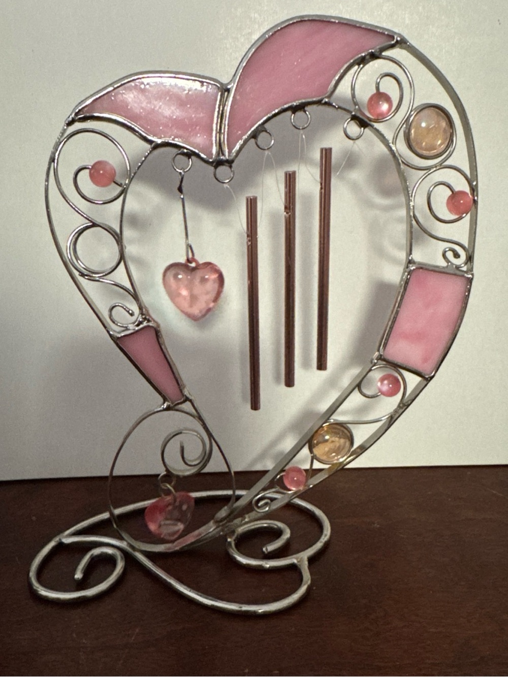 Pink Heart Stained Glass Wind Chime Accent - Unbranded table sitter